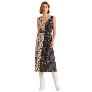 MANGO Women Navy Blue White Scarf Printed A-Line Dress 8 V-Neck Luxury Old Money